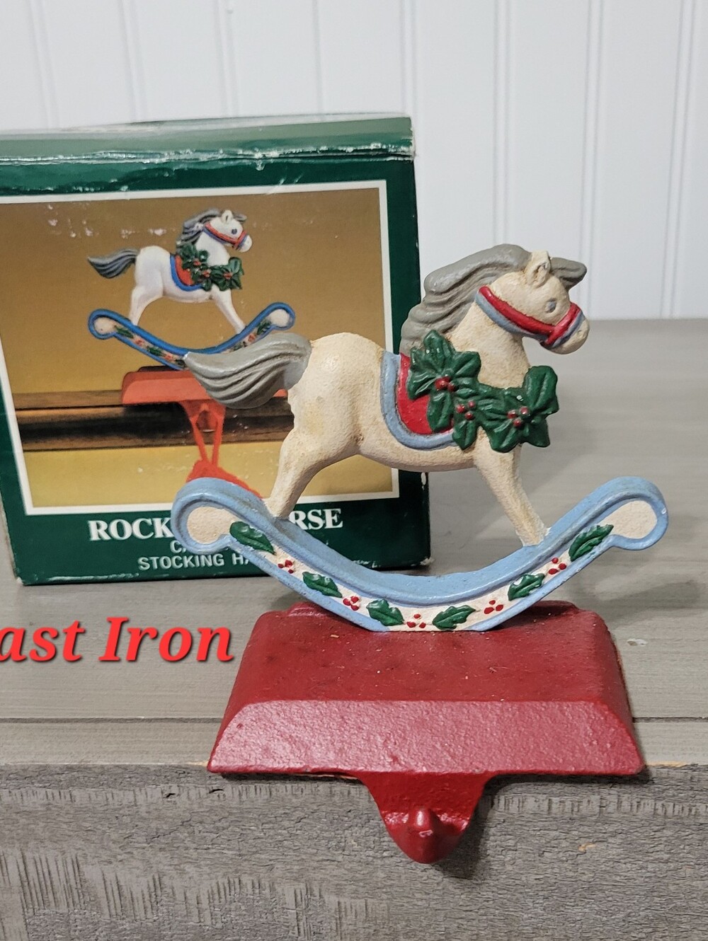 Vintage Cast Iron Rocking Horse Stocking Holder in Box
